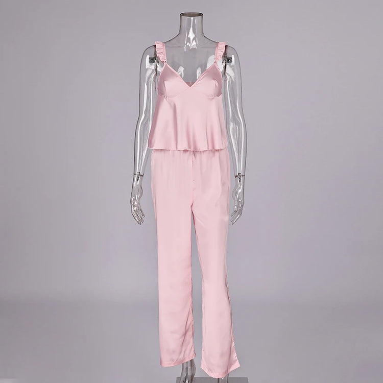 HiLoc Elegante Completo Pigiama in Raso Rosa, Set Primaverile da Casa con Canotta a Spalline Sottili e Pantaloni a Vita Alta, 2 Pezzi, Collezione 2026