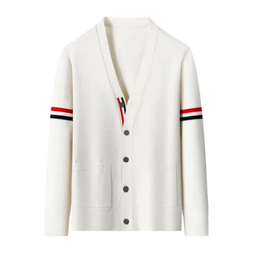 Spring Autumn New Knitted Cardigan Fashion Casual Simple Personalized Men's High End Brand Classic Stripe Korean V-Neck Sweater