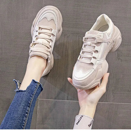 WOIZGIC Women's Female Ladies Genuine Leather Shoes Platform Lace Up Korean Sports Spring Autumn Breathable Vulcanized Shoes PlatiNum