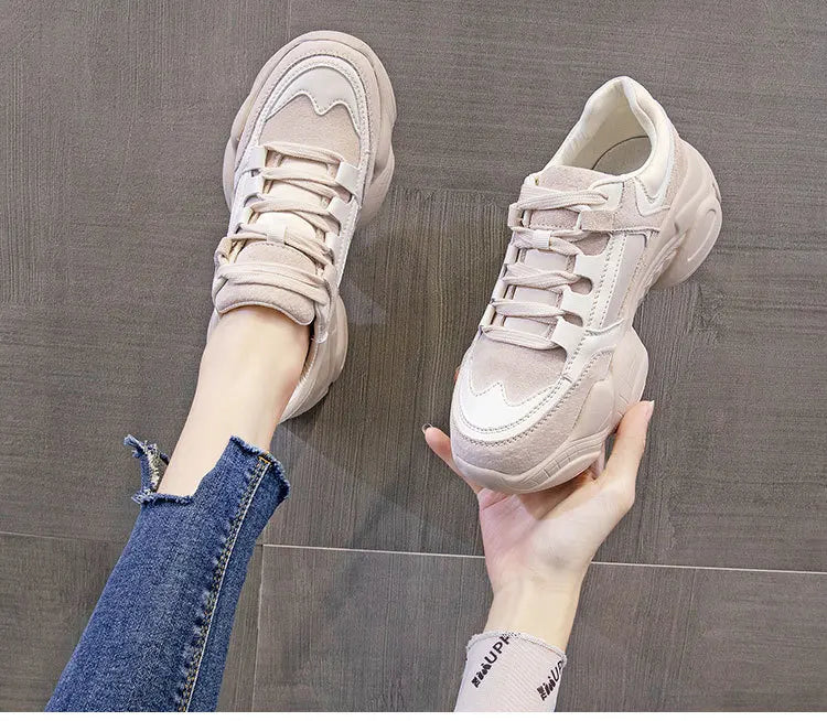 WOIZGIC Women's Female Ladies Genuine Leather Shoes Platform Lace Up Korean Sports Spring Autumn Breathable Vulcanized Shoes PlatiNum