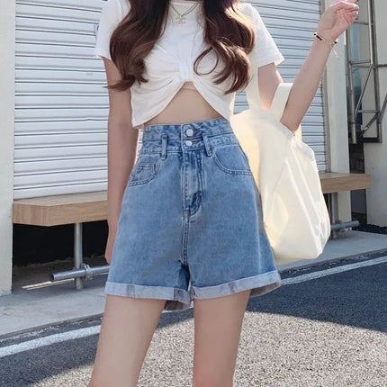 Women's summer thin denim shorts with loose fit high waist slimming effect wide legs and rolled edge hot pants for outerwear PlatiNum