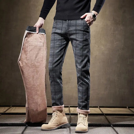 Classic Style Men's Fleece Casual Pants Fashion Striped Plaid Business Straight Slim Casual Pants Black Gray Brand Men Trousers