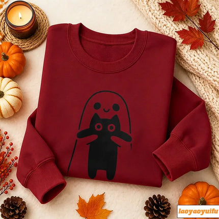 Cute Ghost Hugging Cat Funny Simple White Line Graphic Print Pullover Long Sleeve Casual Loose Streetwear Fashion Sweatshirts