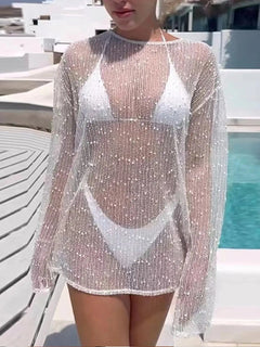 Copricostume da spiaggia a tunica all'uncinetto lavorato a maglia da donna top aderenti estivi t-shirt a maniche lunghe con ritaglio trasparente costume da bagno da spiaggia