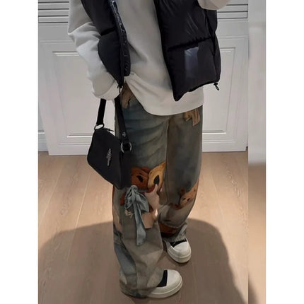 Jeans Y2K con Stampa Orsetto, Pantaloni a Gamba Larga Stile Vintage alla Moda per Donna, Primavera Autunno