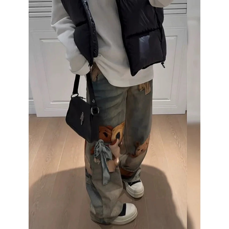 Jeans Y2K con Stampa Orsetto, Pantaloni a Gamba Larga Stile Vintage alla Moda per Donna, Primavera Autunno