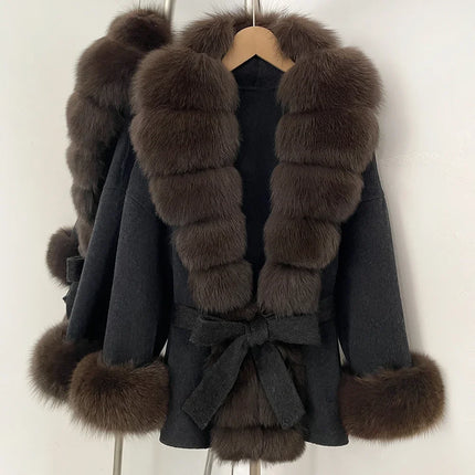Real Fur Wool Jacket Fashion Reality Fur Jacket Women Natural Fox Fur Cuffs Winter Clothing Female Elegant with Belt Woolen Coat