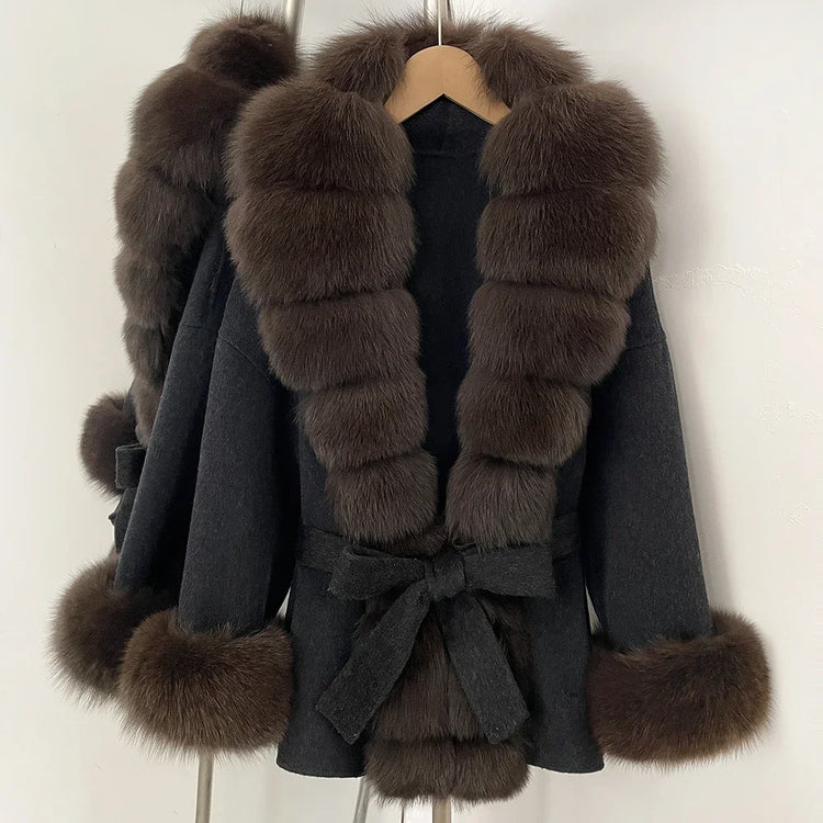 Real Fur Wool Jacket Fashion Reality Fur Jacket Women Natural Fox Fur Cuffs Winter Clothing Female Elegant with Belt Woolen Coat