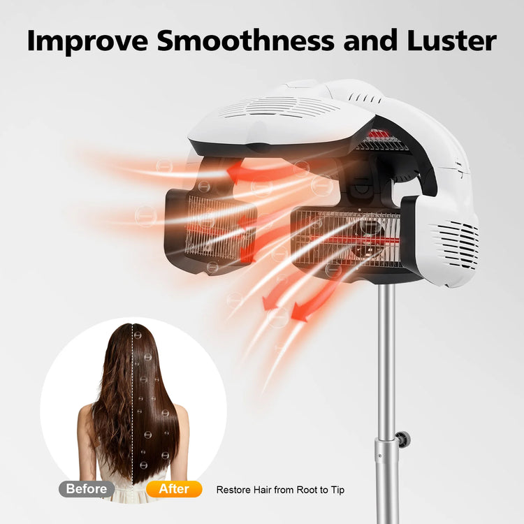 Professional Salon Hair Dryer for Perms (1500W), Freestanding Quartz Heating Styling Hood with LCD Display & Adjustable Height, Rolling Stand Perm Machine for Spa & Home Use