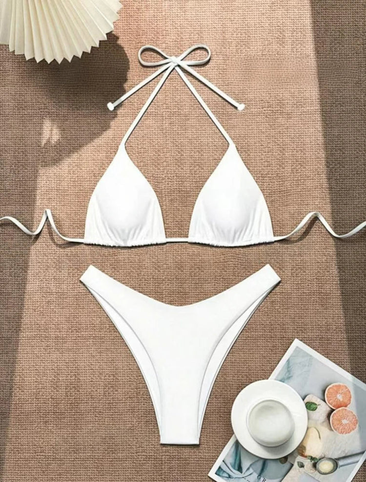 Costume da bagno bikini a perizoma da donna sexy, tinta unita bianco/nero/caffè, con laccetti, stile brasiliano, nuovo, in doppio tessuto, per la spiaggia platinumshop