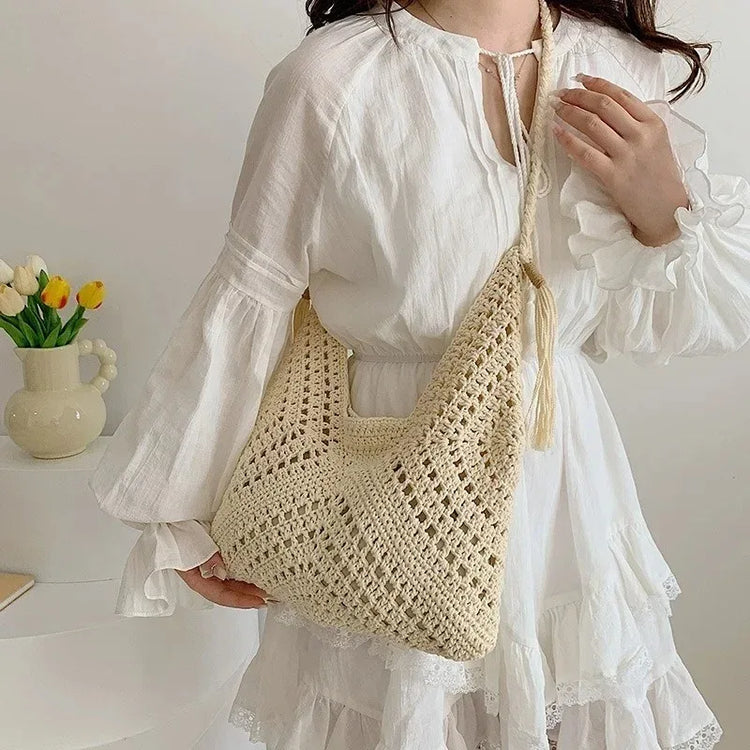 Borsa a tracolla estiva casual all'uncinetto, stile boho, borsa tote da spiaggia per vacanze, borsa alla moda intrecciata, borse a mano con design lavorato a maglia per viaggi