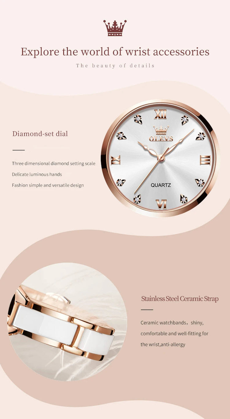 Orologio da donna OLEVS 5872, elegante orologio al quarzo con cinturino in ceramica e acciaio, impermeabile, per donna. platinumshop