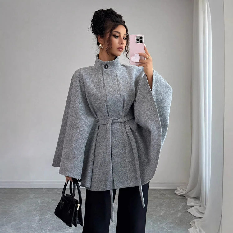 Elegant Women's Woolen Coat Autumn Winter Stand up Collar Cape Style Design Tie Waist Atmospheric Fashionable Ladies Outerwear
