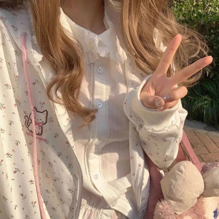 Y2k Hoodies Green Kawaii Cat Floral Print Hooded Zip-up Woman Sweatshirts Pink Thin Jacket Spring Fall Clothes Cute Streetwear