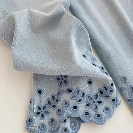 Jeans eleganti di lusso con strass ricamati vuoti allentati Jeans estivi da donna a vita alta pantaloni in denim dritti Y2K Casual Streetwear