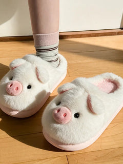 Cartoon Pig Plush Slippers Women Winter Animal Fluffy Platform Shoes Girls Mules Indoor Fuzzy Fur Slides Soft Sole Non-Slip Warm