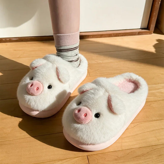 Cartoon Pig Plush Slippers Women Winter Animal Fluffy Platform Shoes Girls Mules Indoor Fuzzy Fur Slides Soft Sole Non-Slip Warm