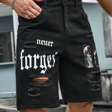 Pantaloncini di jeans elasticizzati estivi da uomo Jeans da uomo Streetwear Lettera strappata al ginocchio Baggy Comfort Cargo Pantaloncini casual Pantaloni Jean