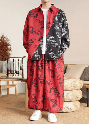 Men's Lantern Trousers Chinese Style Retro Red Dragon Casual Comfortable Harun Pants Men's Fashion Loose Wide Leg Streetwear