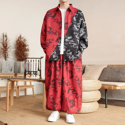 Pantaloni Lanterna da Uomo Stile Cinese Retrò Drago Rosso Casual Comodi Pantaloni Harun Moda Maschile Larghi a Gamba Larga Streetwear