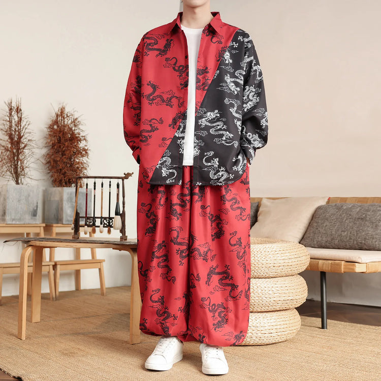 Camicie in Stile Cinese per Uomo, Nuove Camicie Retrò con Drago Rosso, Comode e Casual, Abbigliamento Tradizionale per Kung Fu e Tai Chi