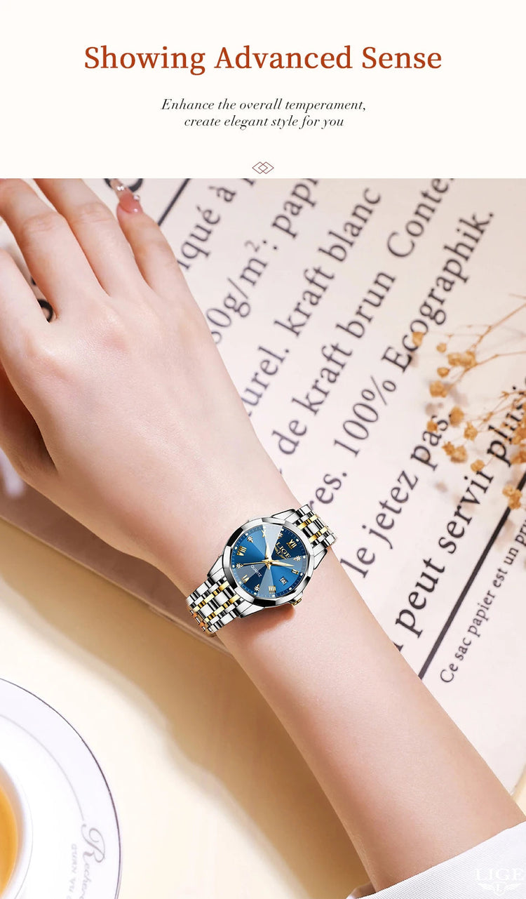 LIGE Orologio al Quarzo di Lusso per Donna, Elegante Bracciale Luminoso e Impermeabile, Regalo Ideale platinumshop
