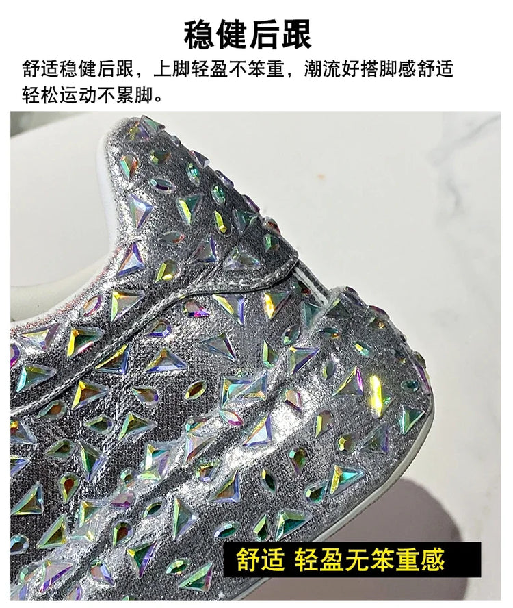 2025 Autumn Leather Women Shoes New Style Fashion Platform Shoes Ins Platforms Sneakers Tide Shine Bling Rhinestone Shoes