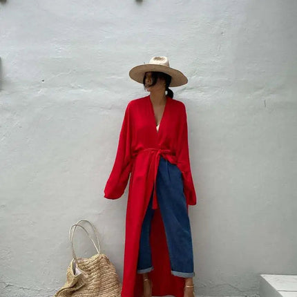 Solid Beach Cover Up Women Self Belted Wrap Kimono Dress Costume da bagno 2025 New Robe Summer Beachwear Fornitura in fabbrica platinumshop
