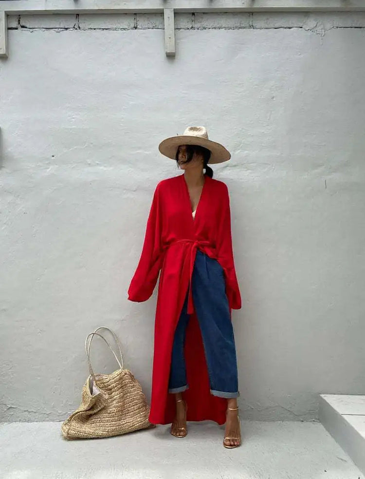 Solid Beach Cover Up Women Self Belted Wrap Kimono Dress Costume da bagno 2025 New Robe Summer Beachwear Fornitura in fabbrica platinumshop