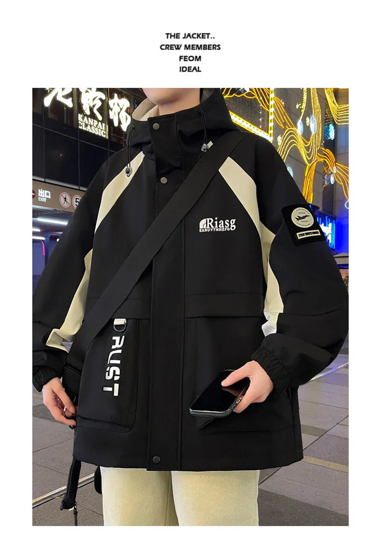 Men's Hooded Casual Jackets 2026 Spring Autumn Streetwear Windbreaker Loose Cargo Outdoor Coats Youth Daily Wear Tops Clothing