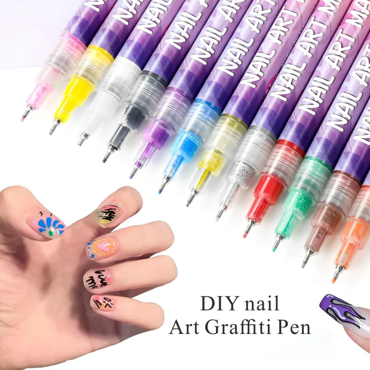 12Pcs/Set Nail Acrylic Graffiti Pen 12 Color Nail Marker DIYNail Art Graffiti Pen Nail Polish Pens Drawing Painting Point