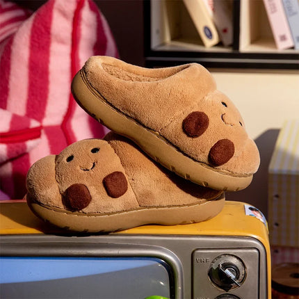 ZUOFU Unisex Cute Croissant Plush Slippers Autumn Winter Non-Slip TRP Fluffy Indoor Cotton Slippers Open & Closed Back Available