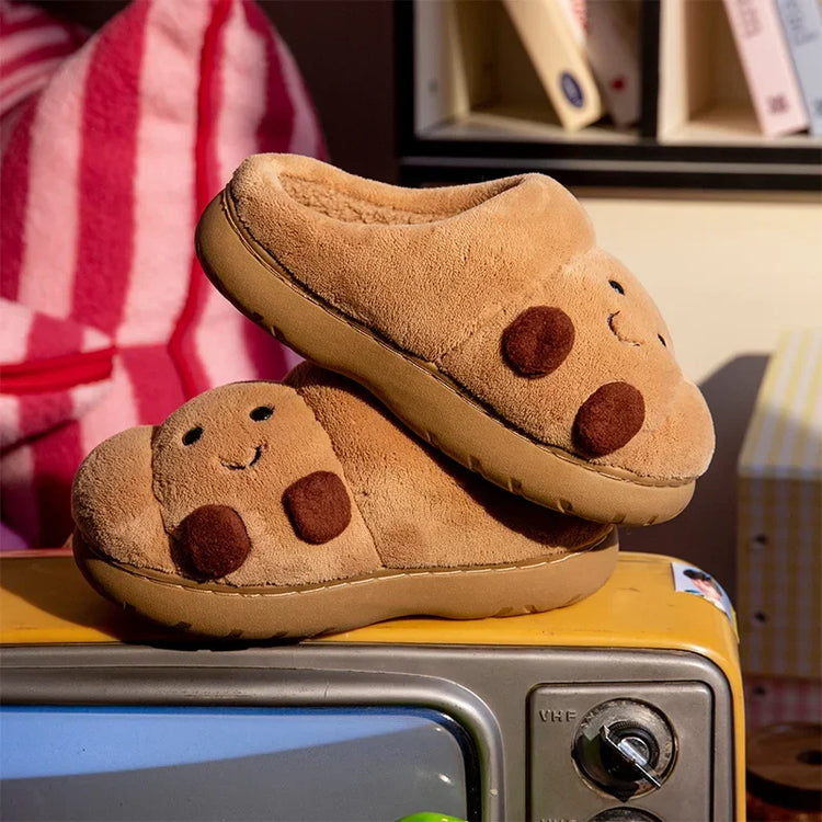 ZUOFU Unisex Cute Croissant Plush Slippers Autumn Winter Non-Slip TRP Fluffy Indoor Cotton Slippers Open & Closed Back Available