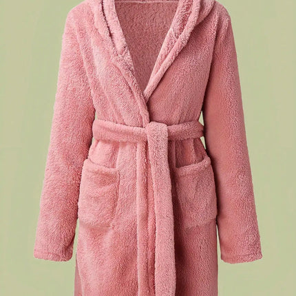 1 pezzo di vestaglia da donna con cappuccio in tinta unita con cintura, pigiama in pile accogliente e caldo per la casa in autunno e inverno.
