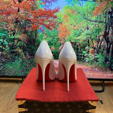 Tacchi altissimi personalizzati multicolori da 12 cm, pelle verniciata bianca nuda, suola rossa sexy, scarpe sottili a punta per ordine singolo platinumshop