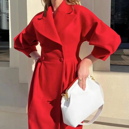 European American Retro Court Style Wool Coat, Long Length with Big Lapel & Lantern Sleeves, New Autumn Winter Outerwear