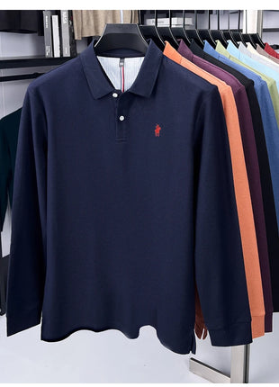 Polo à manches longues de marque haut de gamme 100 % coton, nouveau t-shirt décontracté à revers pour homme d'affaires, confort de luxe avec broderie Paul poney