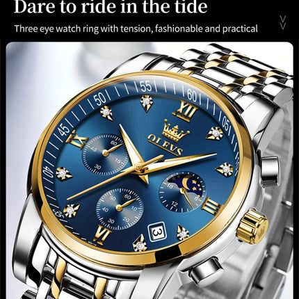 OLEVS 2858 Orologio da Uomo in Acciaio Inossidabile, Impermeabile, Antigraffio, con Fasi Lunari, Luminoso, Cronografo, Orologio da Polso al Quarzo di Lusso platinumshop
