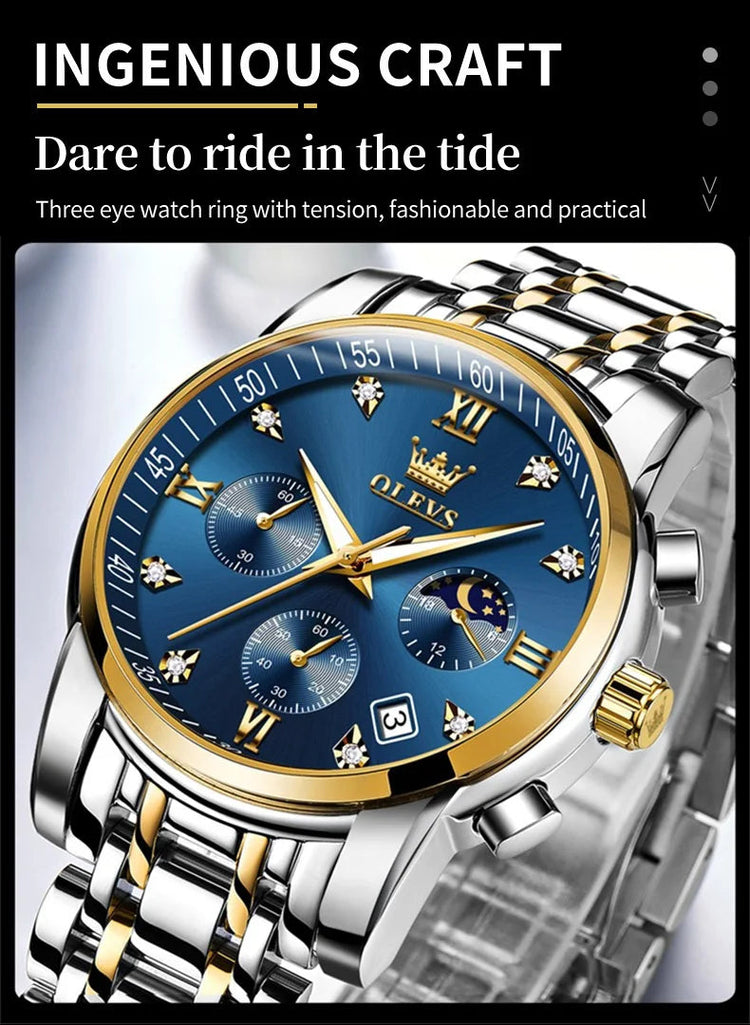 OLEVS 2858 Orologio da Uomo in Acciaio Inossidabile, Impermeabile, Antigraffio, con Fasi Lunari, Luminoso, Cronografo, Orologio da Polso al Quarzo di Lusso platinumshop