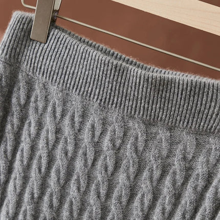 Autumn Winter 100% Cashmere Skirt Women Soild Mid-calf  High Waist Twist Flower Fit Slimming Knitted Dress  Light Luxury Elegant PlatiNum