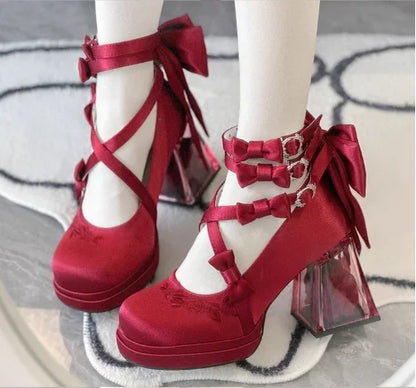 Silk Belt Buckle Round Toe Butterfly-Knot Women Pumps Shoes Chunky Rose Flower High Heels Buckle Strap Design Merry Jane Shoes