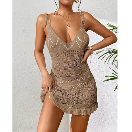 Abito da donna in tinta unita senza maniche con scollo all'americana, per le vacanze estive, bikini lavorato a maglia, copricostume, abiti da spiaggia alla moda senza schienale platinumshop