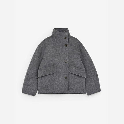 Elegant Women's Belt Short Woolen Coats Loose Stand Collar Single-breasted Long Sleeve Jacket 2026 Autumn Lady Commute Outwear