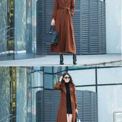 New Women's Spring Autumn Winter Woolen Coat Slim  Long Over The Knee Lining Woolen Windbreaker Outerwear Match Belt Female