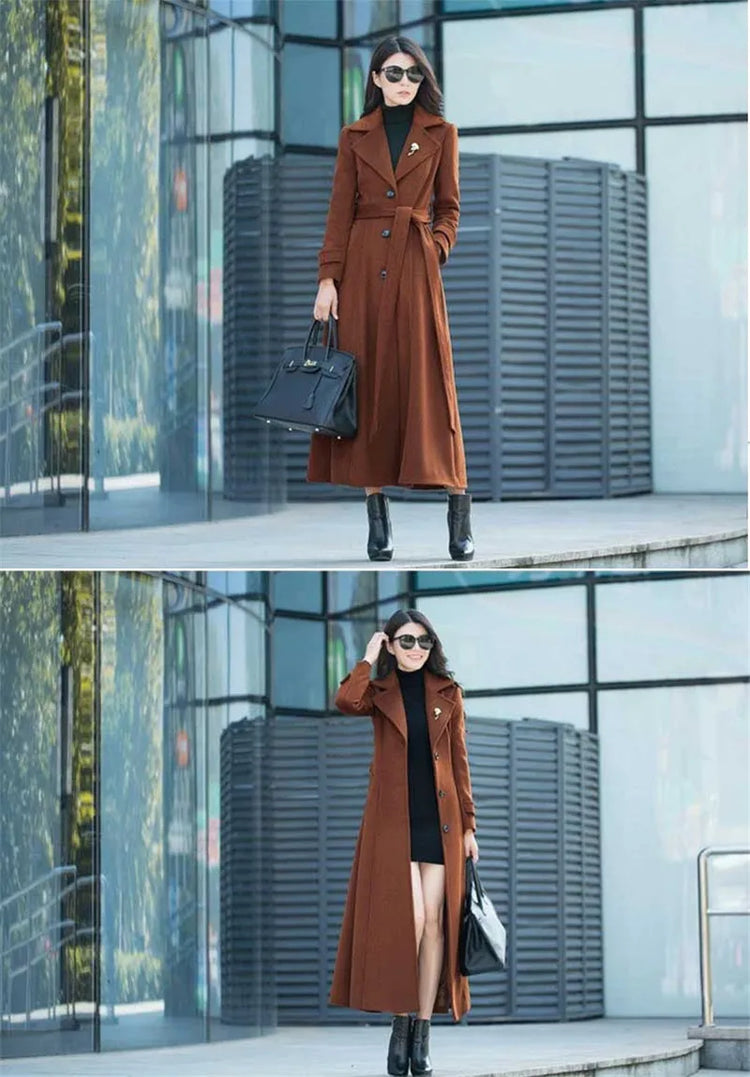 New Women's Spring Autumn Winter Woolen Coat Slim  Long Over The Knee Lining Woolen Windbreaker Outerwear Match Belt Female