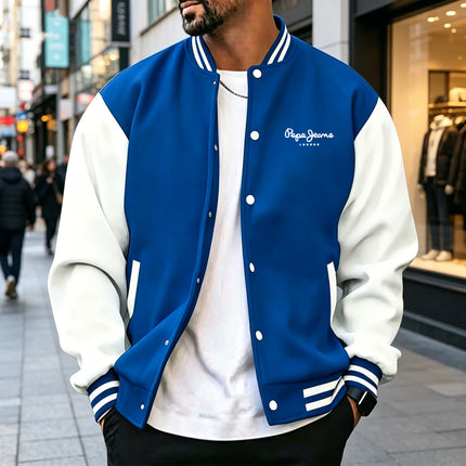 Men's color blocked sports baseball jacket, trendy letter printed loose fit baseball jacket, casual street sports jacket, spring