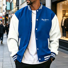 Men's color blocked sports baseball jacket, trendy letter printed loose fit baseball jacket, casual street sports jacket, spring