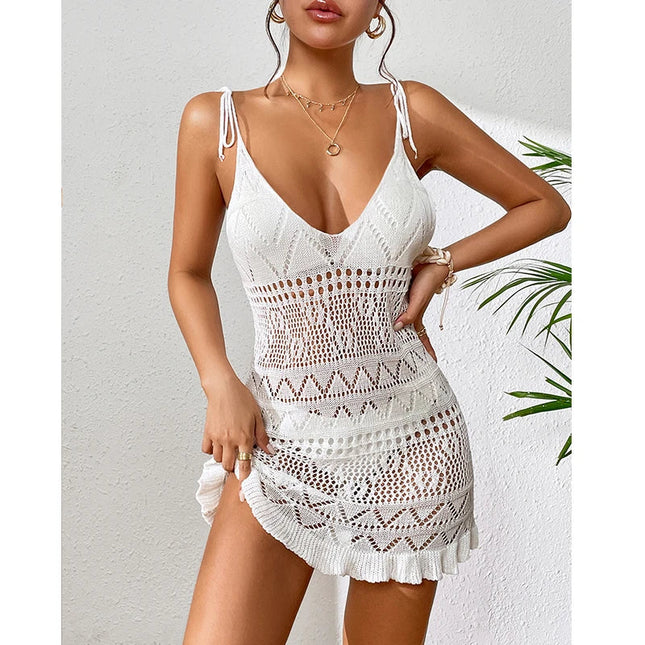 Abito da donna in tinta unita senza maniche con scollo all'americana, per le vacanze estive, bikini lavorato a maglia, copricostume, abiti da spiaggia alla moda senza schienale platinumshop
