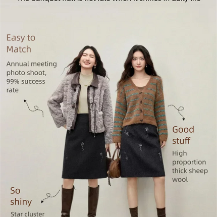 SENTUBILA Women's Straight Skirt 2025 Office Lady Wool Blend Sequin Beading Mid Length Skirt Winter Clothing for Women 154QF6318 PlatiNum