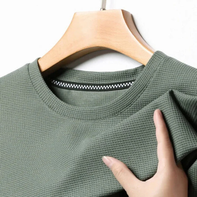 New Summer Waffle Round Neck Short Sleeved T-shirt for Men's Short Sleeved Top PlatiNum